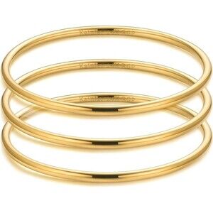 3mm 14K Gold Plated Bracelet Stainless Steel Stackable Round Bangle, 8.5 inches
